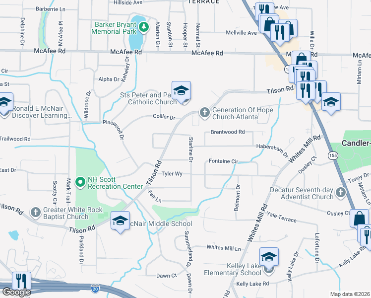 map of restaurants, bars, coffee shops, grocery stores, and more near 2229 Starline Drive in Decatur