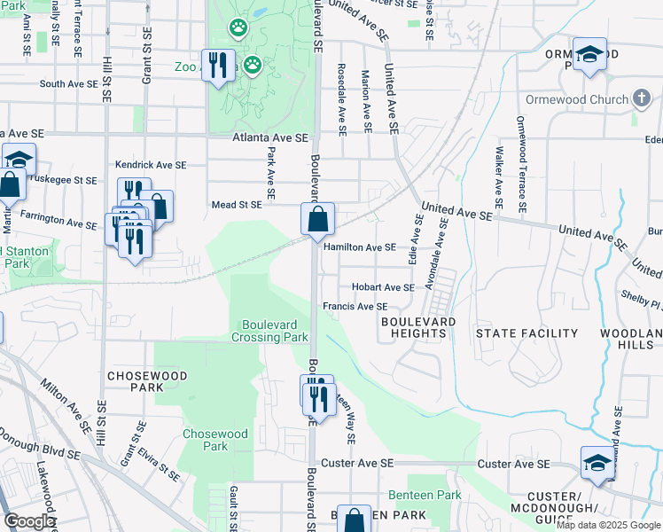 map of restaurants, bars, coffee shops, grocery stores, and more near 1107 Benteen Avenue Southeast in Atlanta