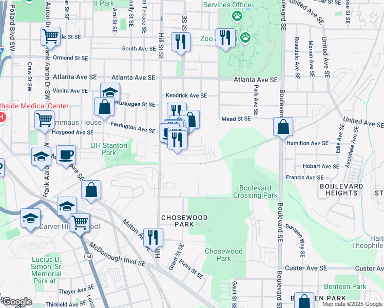 map of restaurants, bars, coffee shops, grocery stores, and more near 375 Pratt Drive in Atlanta