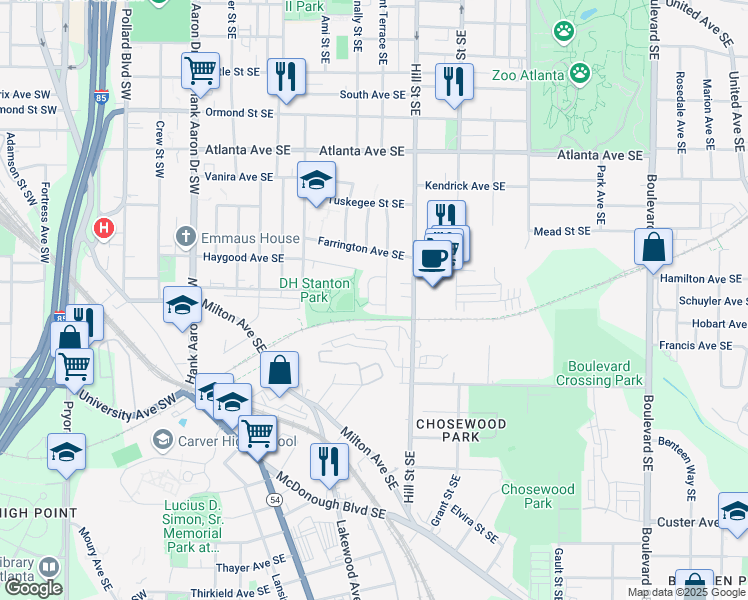 map of restaurants, bars, coffee shops, grocery stores, and more near 1076 Grant Way Southeast in Atlanta