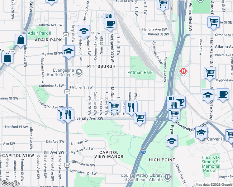 map of restaurants, bars, coffee shops, grocery stores, and more near 1116 Smith Street Southwest in Atlanta