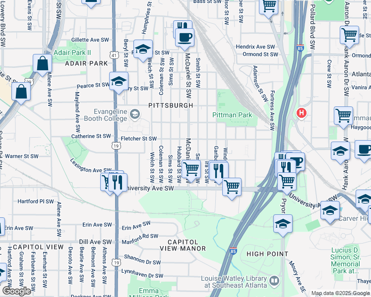 map of restaurants, bars, coffee shops, grocery stores, and more near 1095 McDaniel Street Southwest in Atlanta
