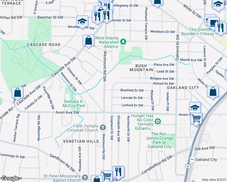 map of restaurants, bars, coffee shops, grocery stores, and more near Graymont Drive Southwest in Atlanta