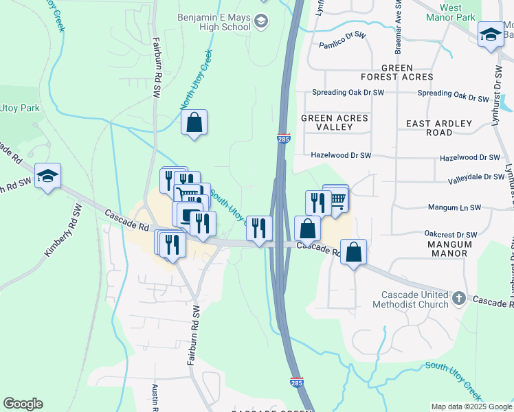 map of restaurants, bars, coffee shops, grocery stores, and more near 3515 Cascade Road in Atlanta