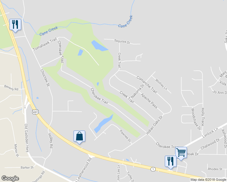 map of restaurants, bars, coffee shops, grocery stores, and more near 828 Creek Trail in Anniston
