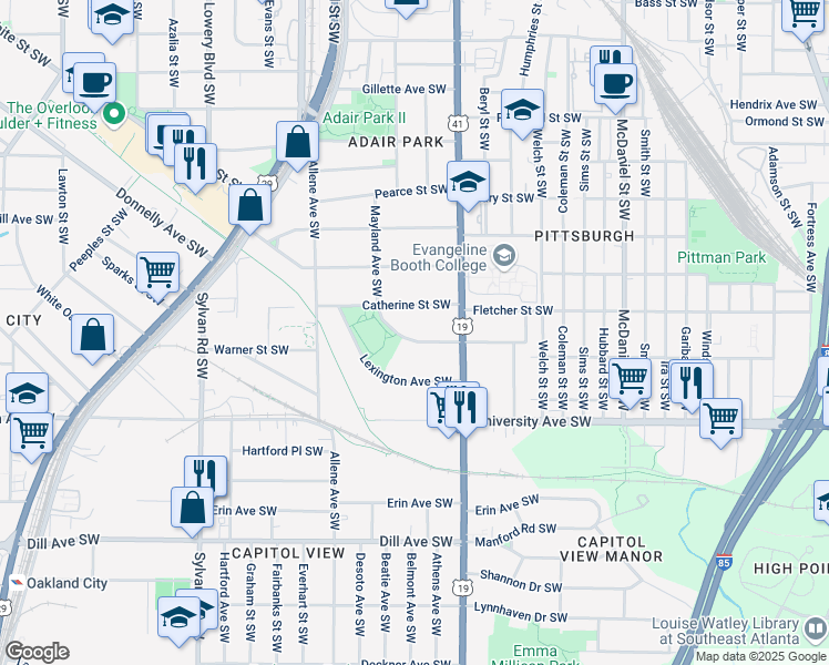 map of restaurants, bars, coffee shops, grocery stores, and more near 675 Mayland Avenue Southwest in Atlanta