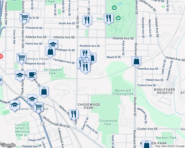 map of restaurants, bars, coffee shops, grocery stores, and more near 375 Pratt Drive in Atlanta