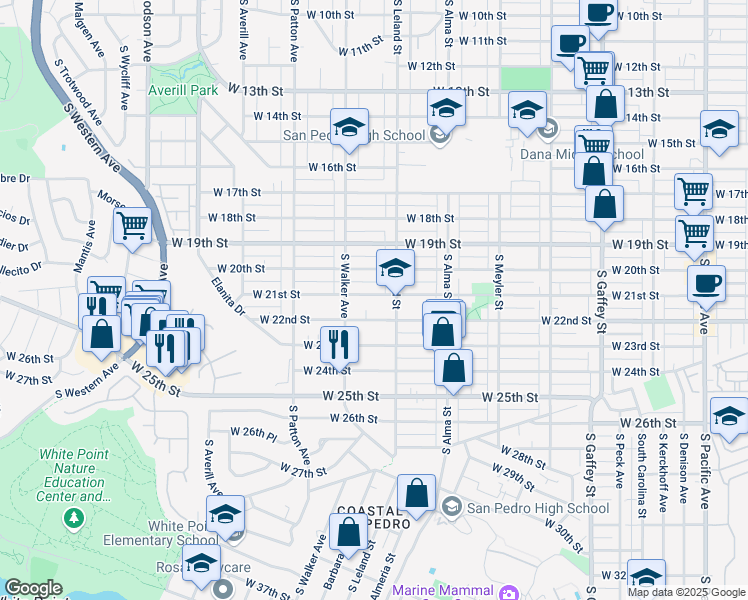 map of restaurants, bars, coffee shops, grocery stores, and more near 1143 West 21st Street in Los Angeles