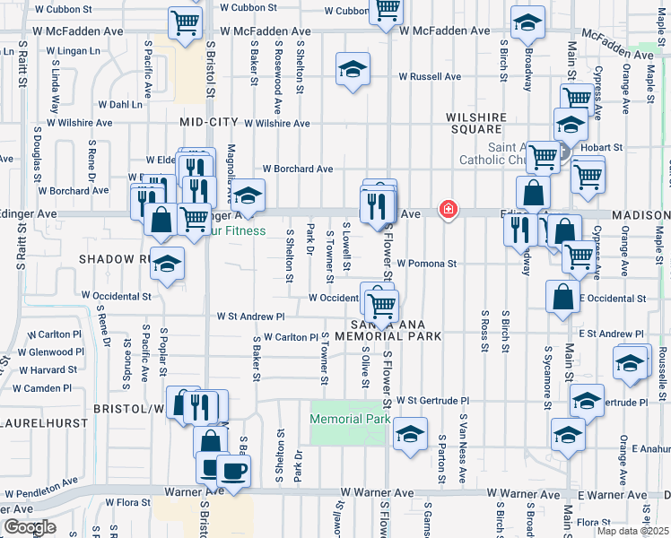 map of restaurants, bars, coffee shops, grocery stores, and more near 1709 South Towner Street in Santa Ana