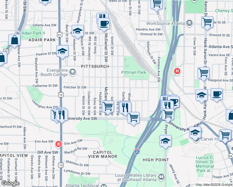 map of restaurants, bars, coffee shops, grocery stores, and more near 1116 Smith Street Southwest in Atlanta