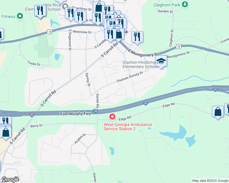 map of restaurants, bars, coffee shops, grocery stores, and more near 138 Alton Circle in Villa Rica