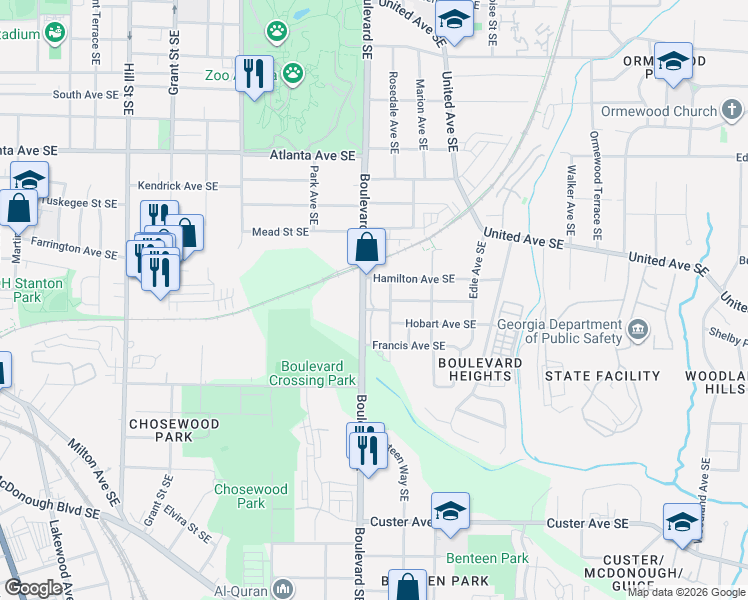 map of restaurants, bars, coffee shops, grocery stores, and more near 1107 Benteen Avenue Southeast in Atlanta