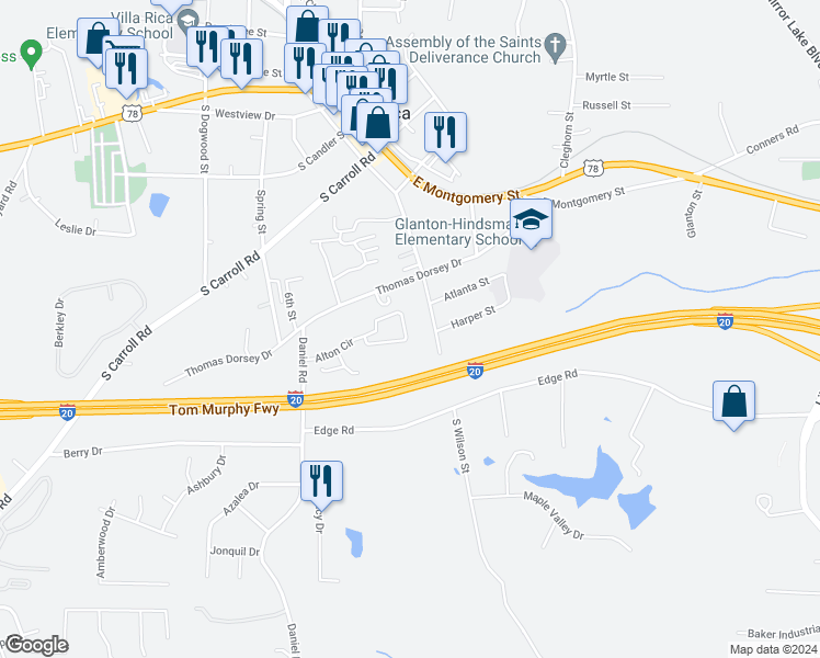 map of restaurants, bars, coffee shops, grocery stores, and more near 194 Alton Circle in Villa Rica