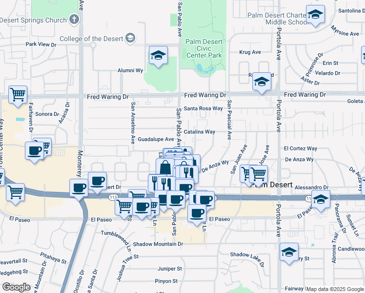 map of restaurants, bars, coffee shops, grocery stores, and more near 44596 San Pablo Avenue in Palm Desert