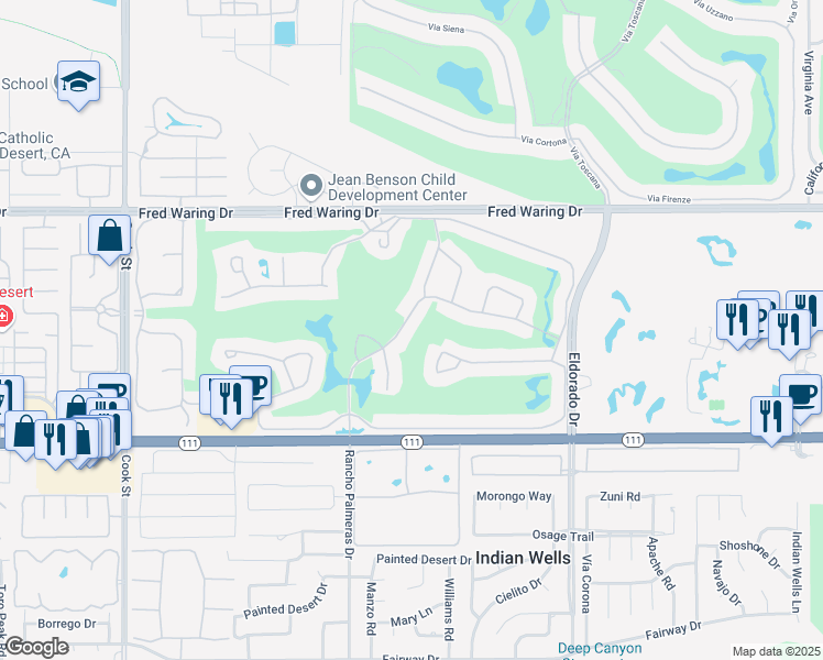 map of restaurants, bars, coffee shops, grocery stores, and more near 44964 Desert Horizons Drive in Indian Wells