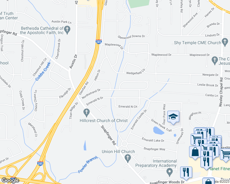 map of restaurants, bars, coffee shops, grocery stores, and more near 3951 Northstrand Drive in Decatur