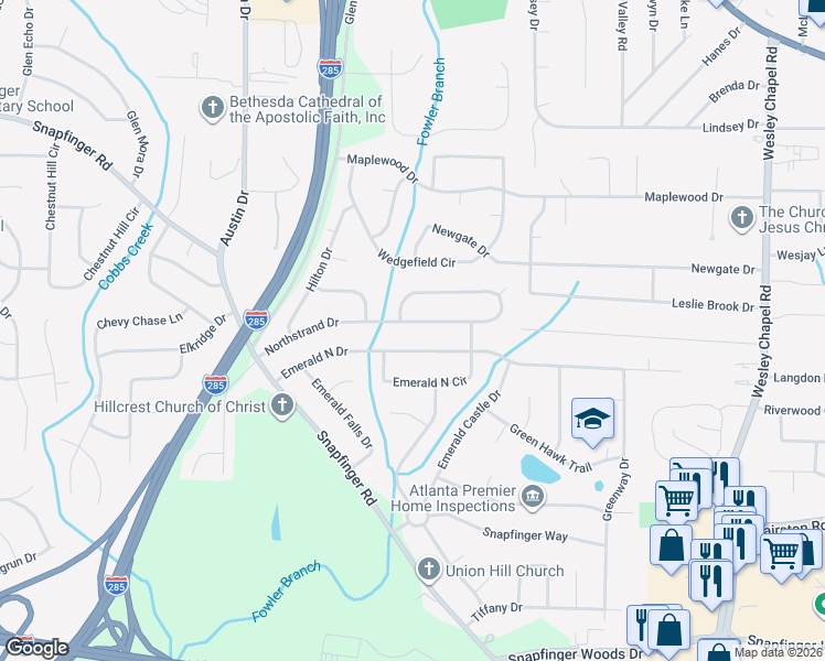 map of restaurants, bars, coffee shops, grocery stores, and more near 3966 Emerald North Drive in Decatur