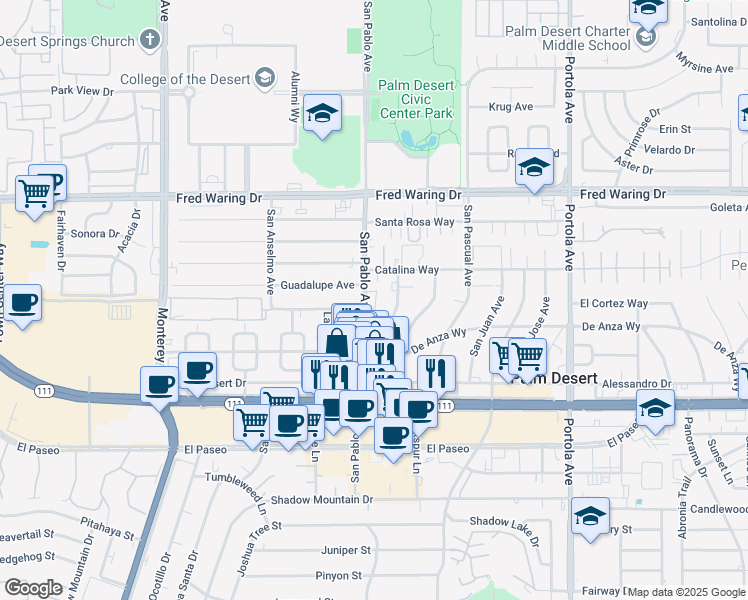 map of restaurants, bars, coffee shops, grocery stores, and more near 44596 San Pablo Avenue in Palm Desert