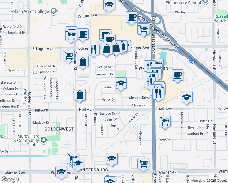 map of restaurants, bars, coffee shops, grocery stores, and more near 7671 Juliette Low Drive in Huntington Beach