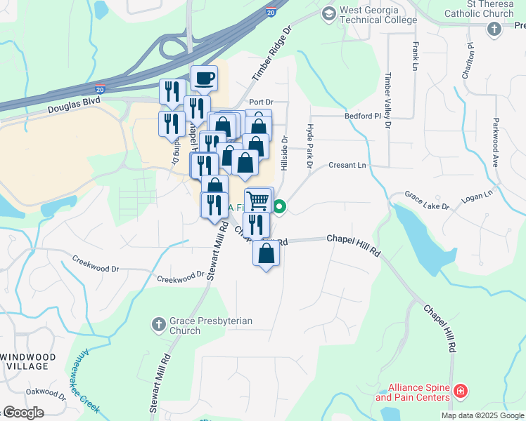 map of restaurants, bars, coffee shops, grocery stores, and more near 3960 Hillside Drive in Douglasville