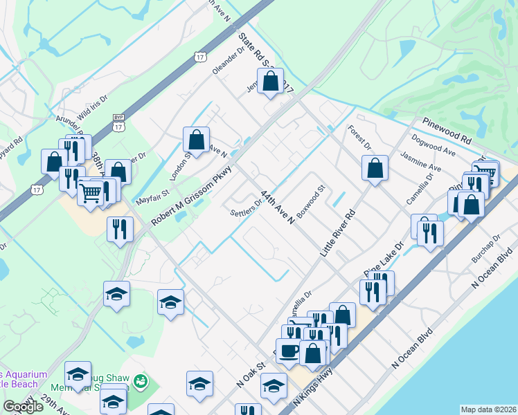 map of restaurants, bars, coffee shops, grocery stores, and more near 42 Longleaf Place in Myrtle Beach