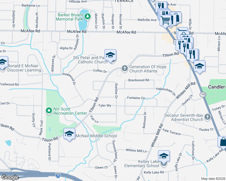 map of restaurants, bars, coffee shops, grocery stores, and more near 2229 Starline Drive in Decatur