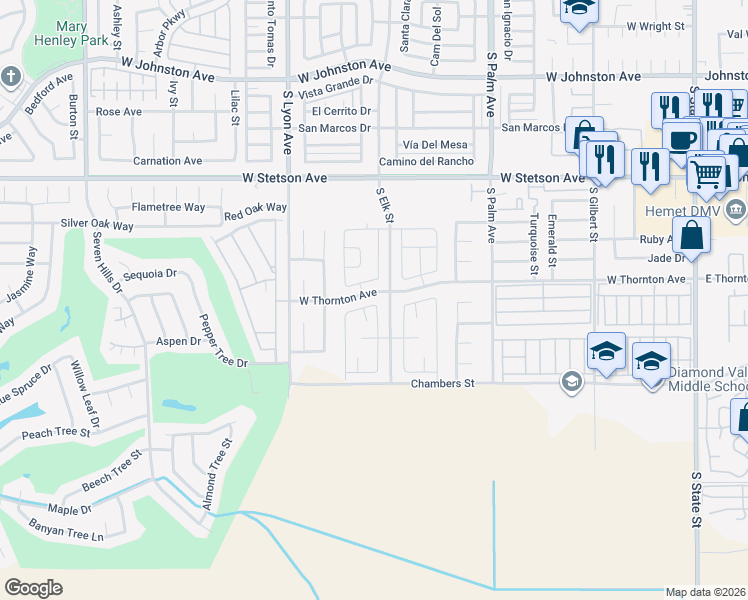map of restaurants, bars, coffee shops, grocery stores, and more near 1322 Division Court in Hemet