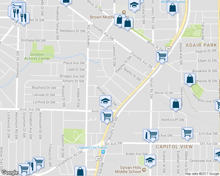 map of restaurants, bars, coffee shops, grocery stores, and more near 1121 Tucker Avenue Southwest in Atlanta