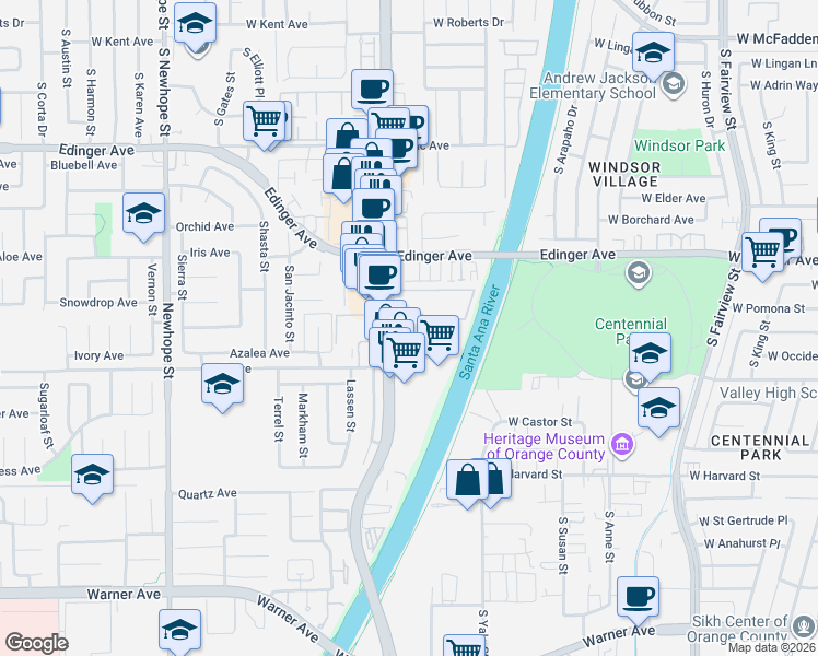 map of restaurants, bars, coffee shops, grocery stores, and more near in Fountain Valley
