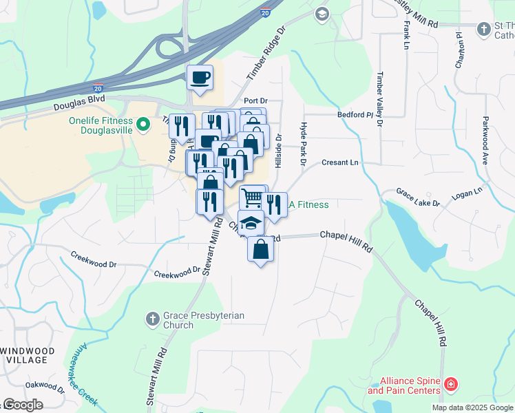 map of restaurants, bars, coffee shops, grocery stores, and more near 3937 Hillside Drive in Douglasville
