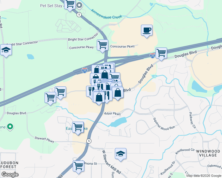 map of restaurants, bars, coffee shops, grocery stores, and more near 9476 Georgia 5 in Douglasville