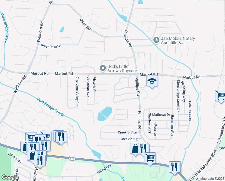map of restaurants, bars, coffee shops, grocery stores, and more near 6199 Marbut Farms Chase in Lithonia