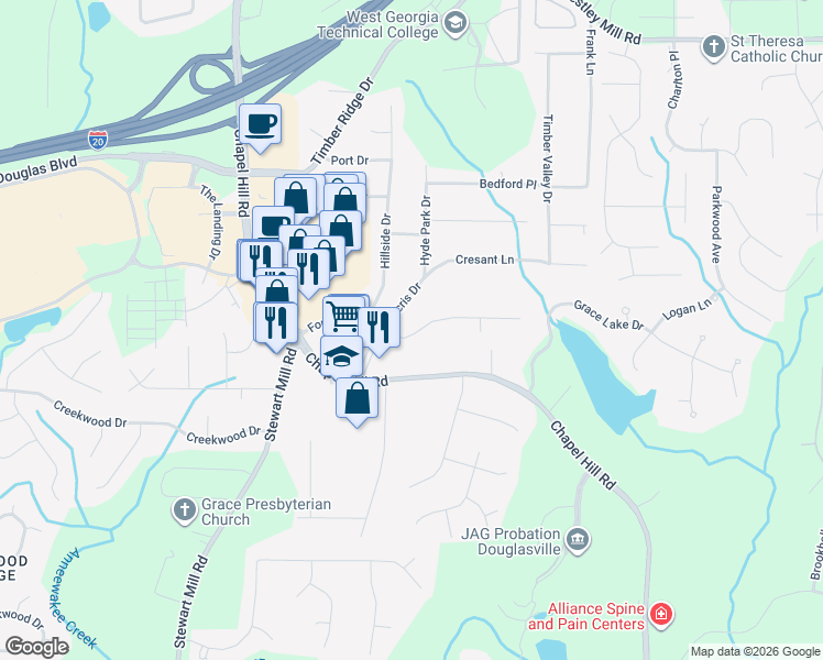 map of restaurants, bars, coffee shops, grocery stores, and more near 4726 Forest Trail in Douglasville