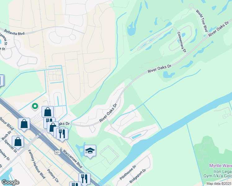 map of restaurants, bars, coffee shops, grocery stores, and more near 577 Blue River Court in Myrtle Beach