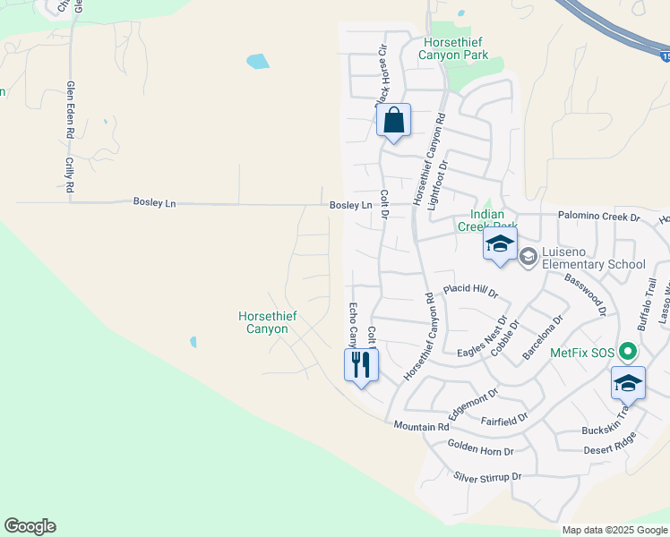 map of restaurants, bars, coffee shops, grocery stores, and more near 27186 Denali Court in Corona