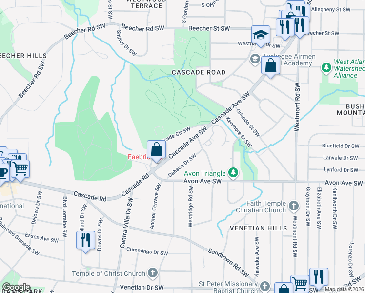 map of restaurants, bars, coffee shops, grocery stores, and more near 1137 Cahaba Drive Southwest in Atlanta