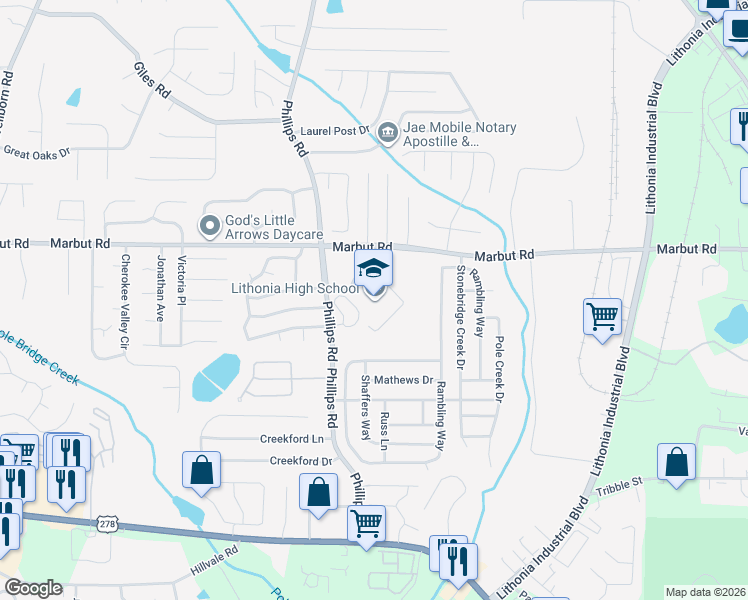 map of restaurants, bars, coffee shops, grocery stores, and more near 2440 Phillips Road in Lithonia