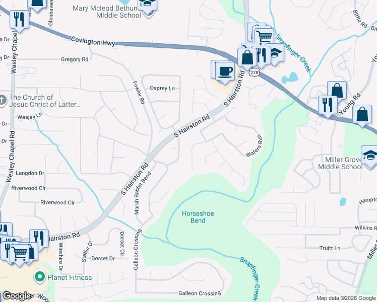 map of restaurants, bars, coffee shops, grocery stores, and more near 2525 Waters Run in Decatur