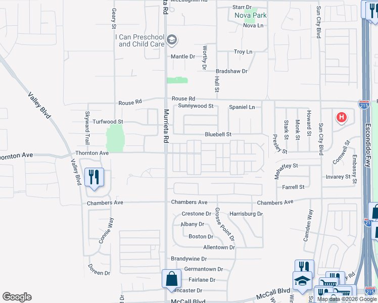 map of restaurants, bars, coffee shops, grocery stores, and more near 27250 Murrieta Road in Menifee