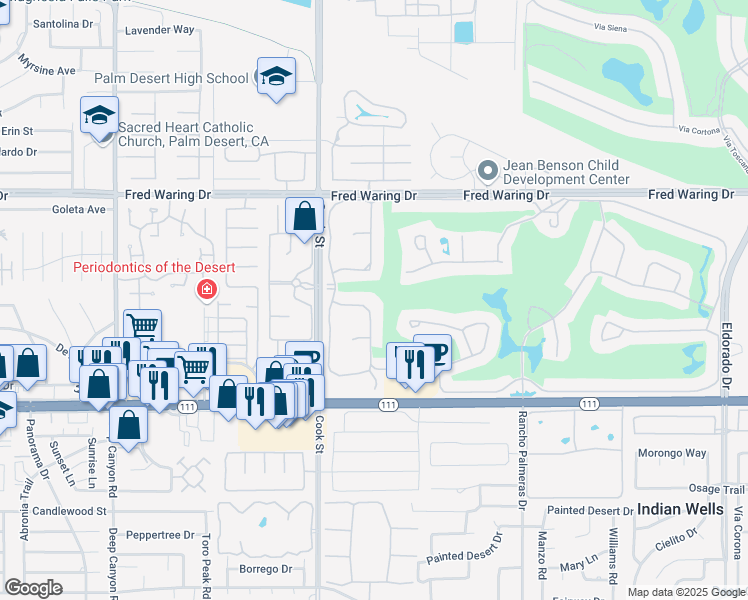 map of restaurants, bars, coffee shops, grocery stores, and more near 75090 Inverness Drive in Indian Wells