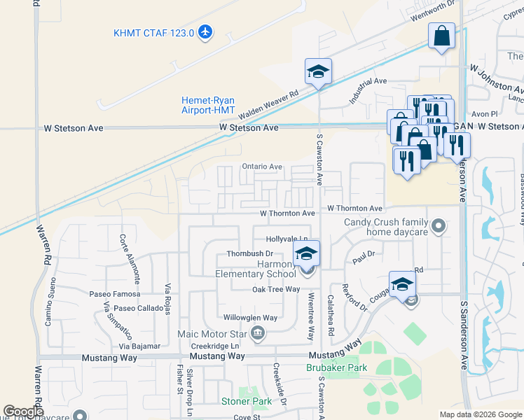 map of restaurants, bars, coffee shops, grocery stores, and more near 1295 South Cawston Avenue in Hemet