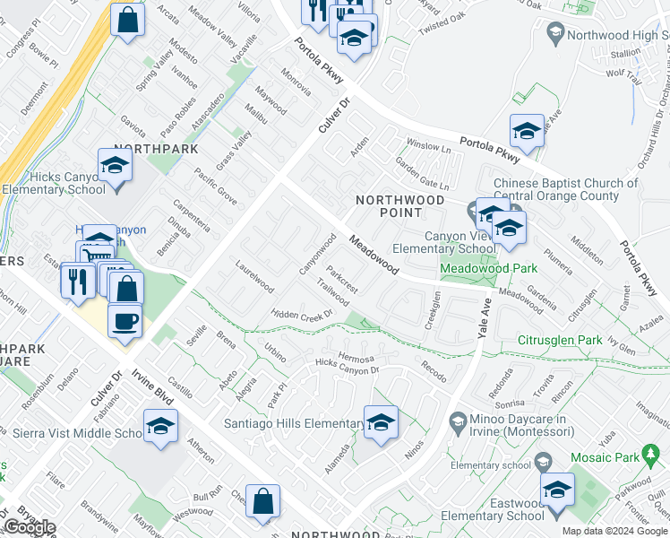 map of restaurants, bars, coffee shops, grocery stores, and more near 9 Green Hollow in Irvine
