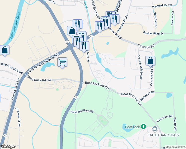 map of restaurants, bars, coffee shops, grocery stores, and more near 6200 Bakers Ferry Road in Atlanta