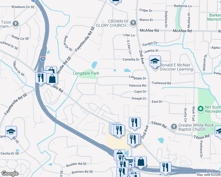 map of restaurants, bars, coffee shops, grocery stores, and more near 2223 Nivelle Drive in Decatur