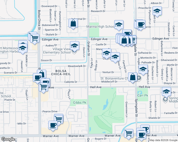 map of restaurants, bars, coffee shops, grocery stores, and more near 16321 Eagle Lane in Huntington Beach