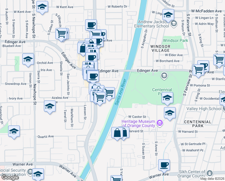map of restaurants, bars, coffee shops, grocery stores, and more near in Fountain Valley