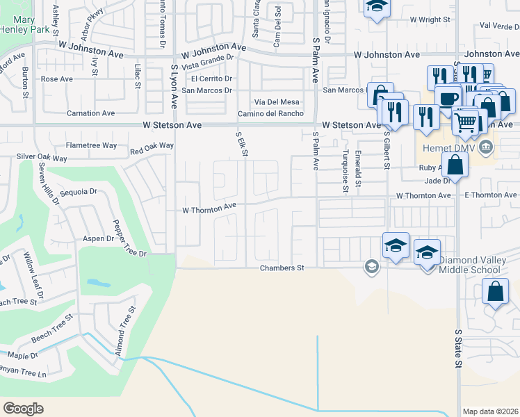 map of restaurants, bars, coffee shops, grocery stores, and more near 1262 Allegiance Avenue in Hemet