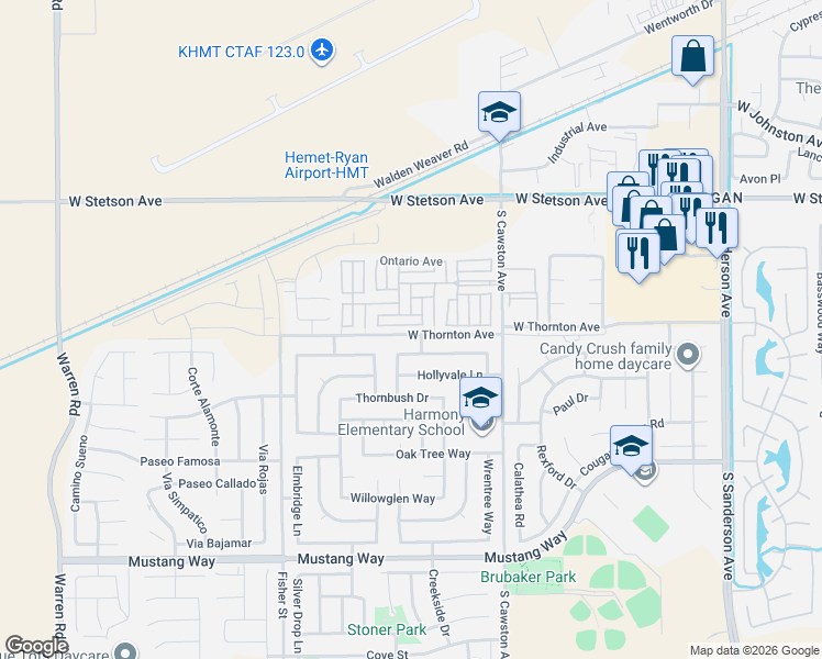 map of restaurants, bars, coffee shops, grocery stores, and more near 4530 Rainbow View Way in Hemet