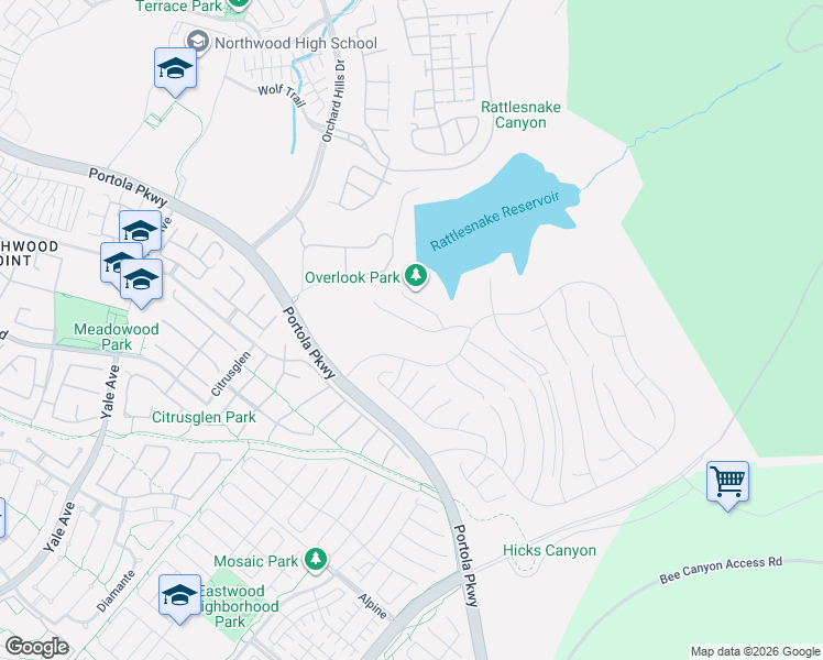 map of restaurants, bars, coffee shops, grocery stores, and more near 4727 Portola Parkway in Irvine