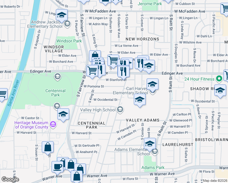 map of restaurants, bars, coffee shops, grocery stores, and more near 1710 South Greenville Street in Santa Ana